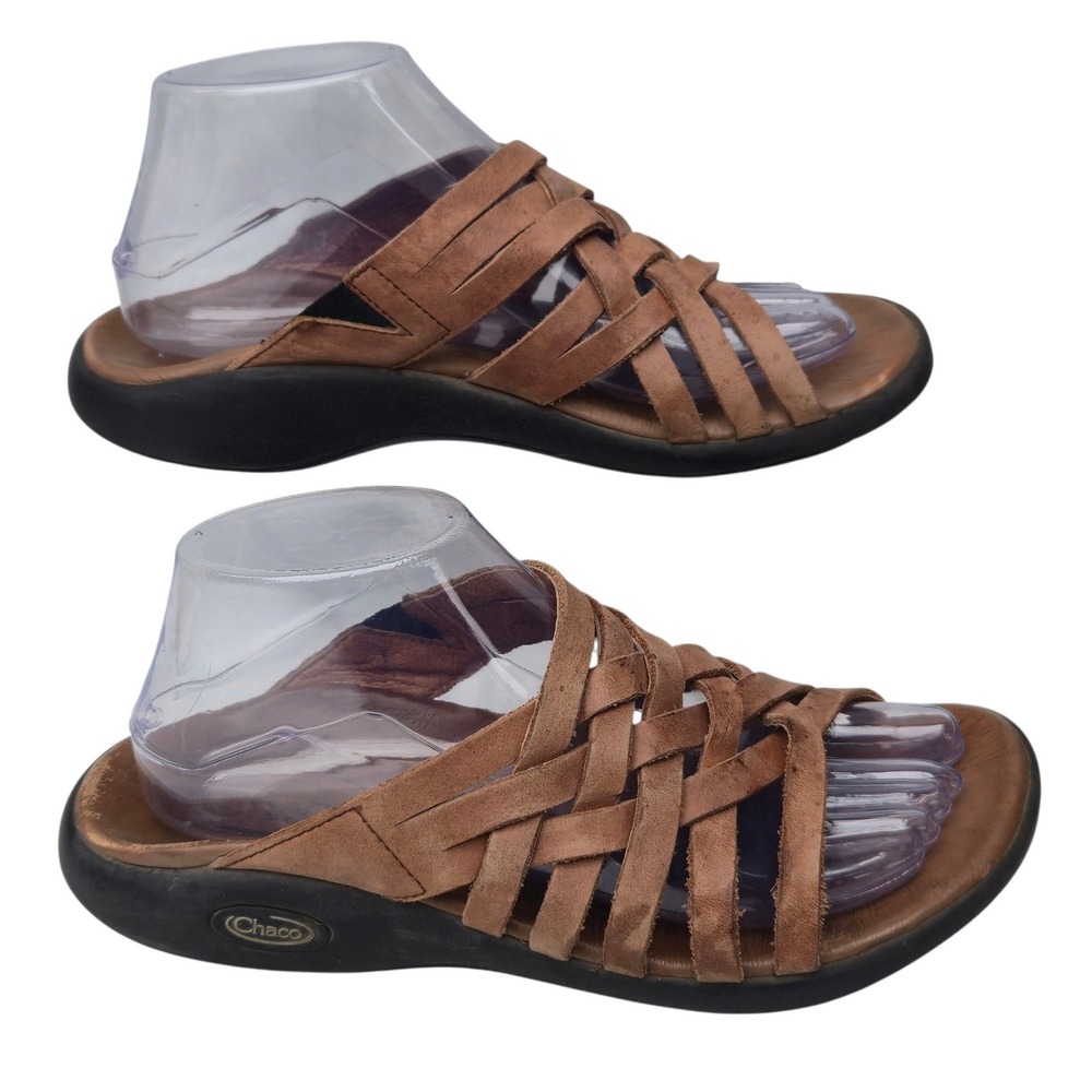 Chaco Leather Strappy Slide Sandals Womens Size 7 Brown Woven Comfort Casual